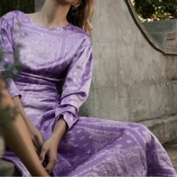 ZARA Purple Paisley Print Satin‎ Midi Dress Blogger Favorite sz XS Party Wedding - Picture 6 of 16